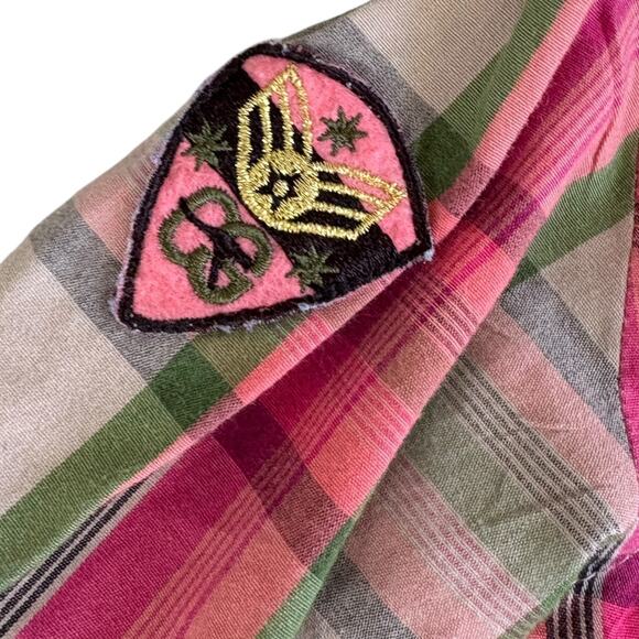 Coogi Toddler 2T Plaid Shirt Pink Green Studded Y2K  Patch Grunge Western Punk - Picture 2 of 9